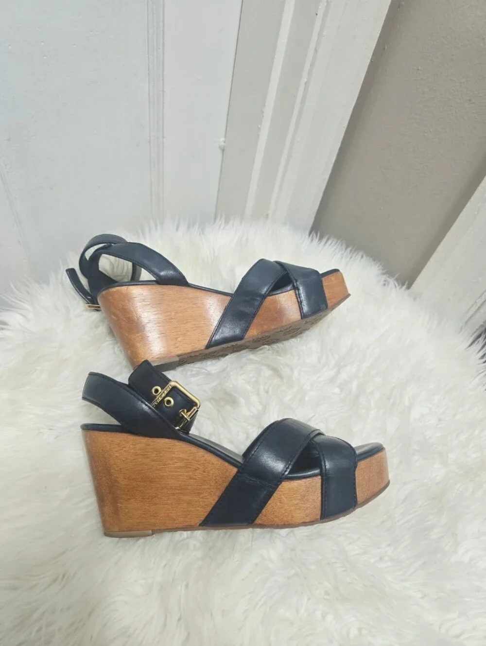 Tory Burch Almita Black Leather Ankle Strap Platform Wedge Sandals size 8.5M